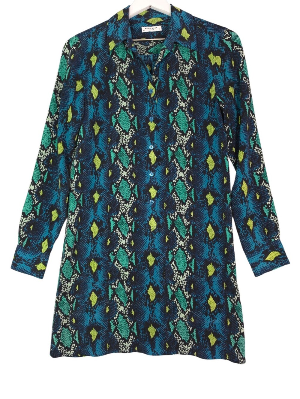 Equipment Lucida Snake Print Washed Silk Shirt Dress Blue Green Turquoise